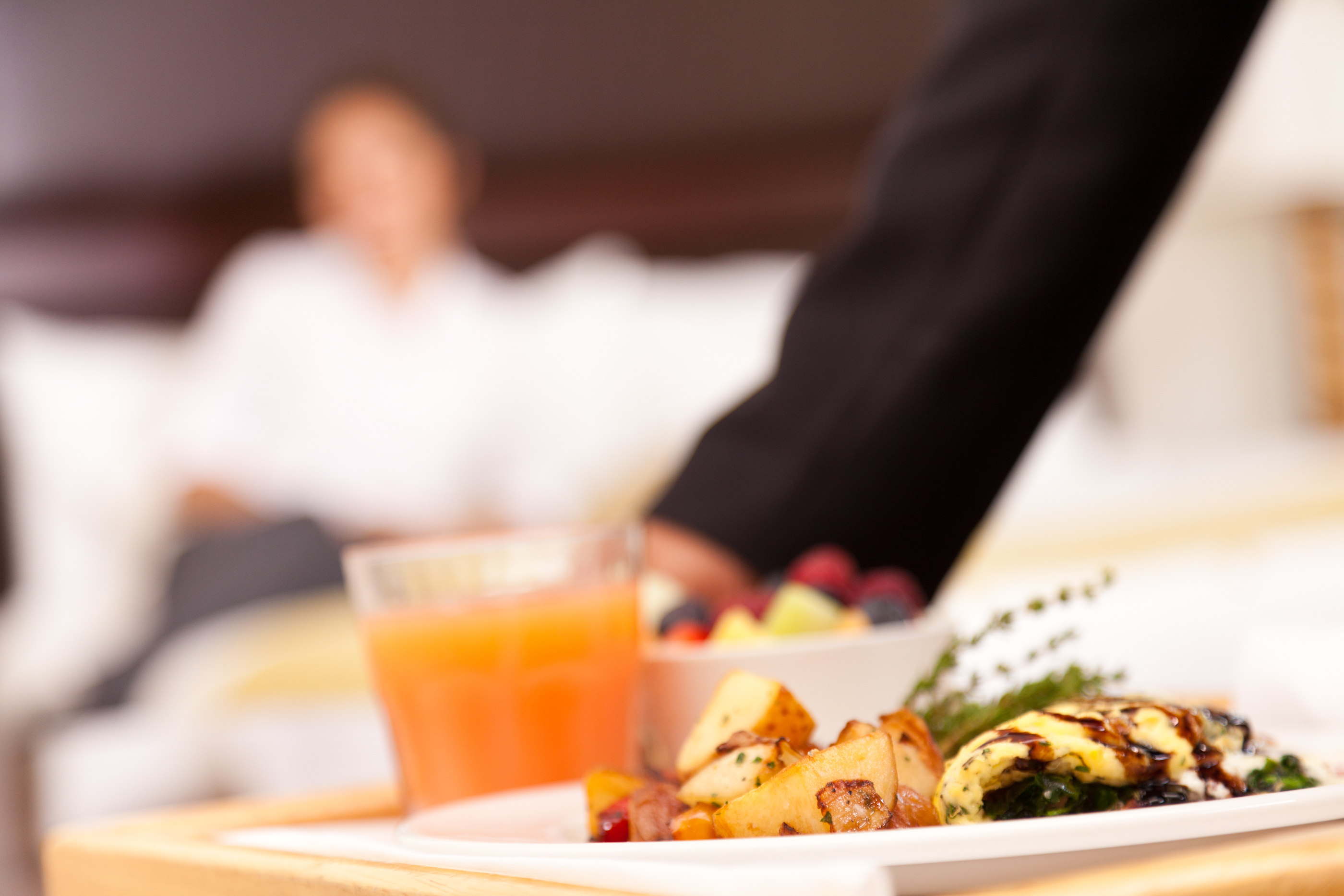 Room service breakfast tray in hotel room